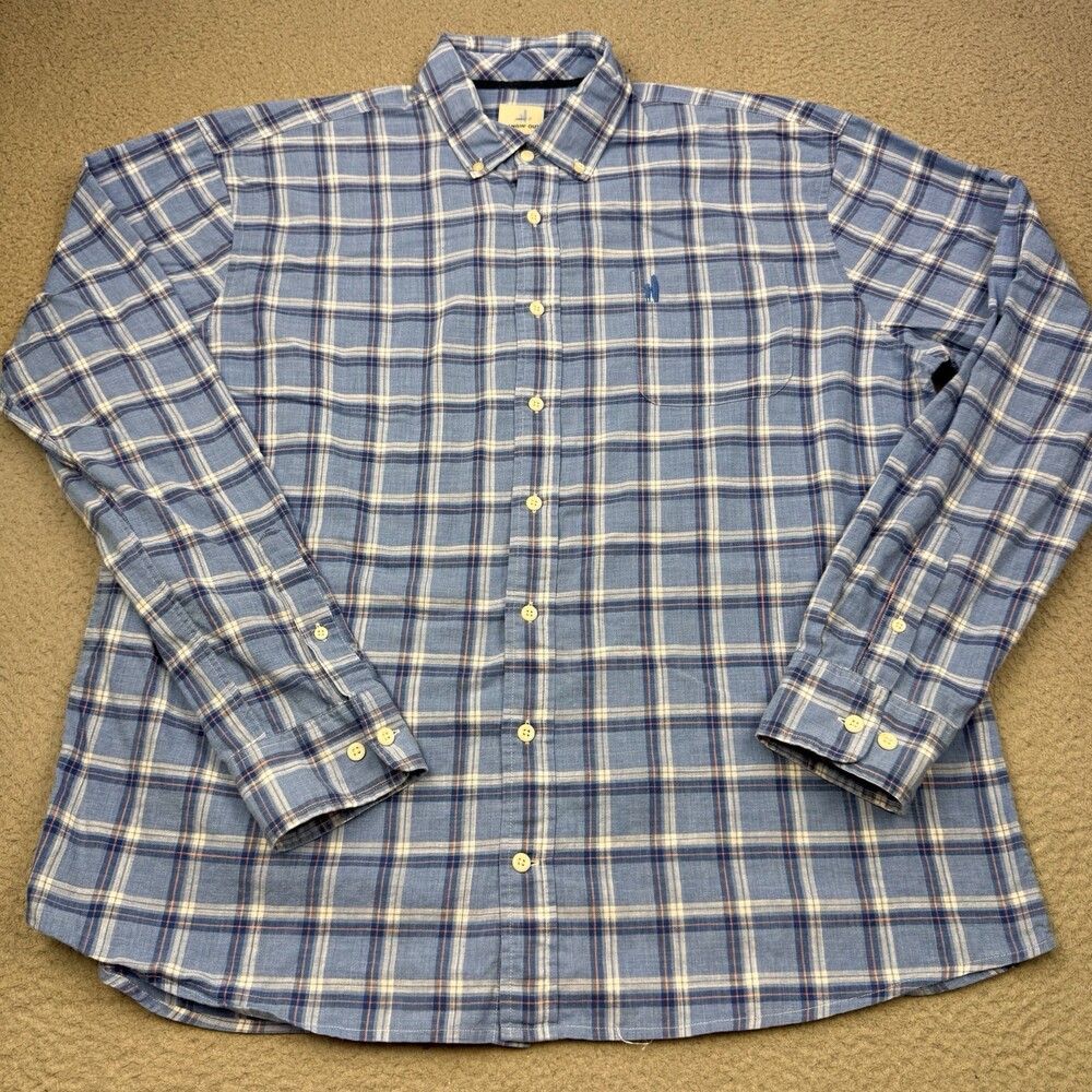 JOHNNIE O Shirt Mens Extra Large Regatta Blue Plaid Davis Preppy Cotton Casual